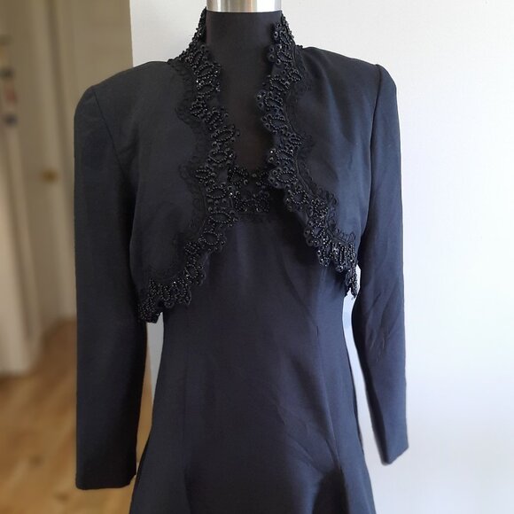 Vintage Two-Piece Black Dress and Beaded Bolero Set Shoulder Pads 80s Prom Fancy - Picture 1 of 7